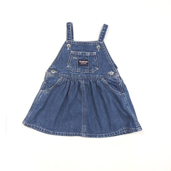 Vintage Oshkosh B'gosh Overalls Dress Baby Girls Size 12m Solid Denim - Picture 1 of 4